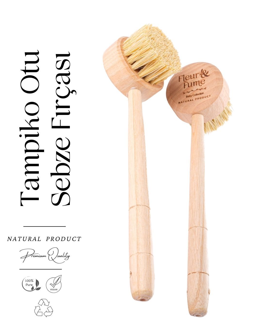 %100 Tampiko Otu Ahşap Saplı Gıda Temizleme Fırçası