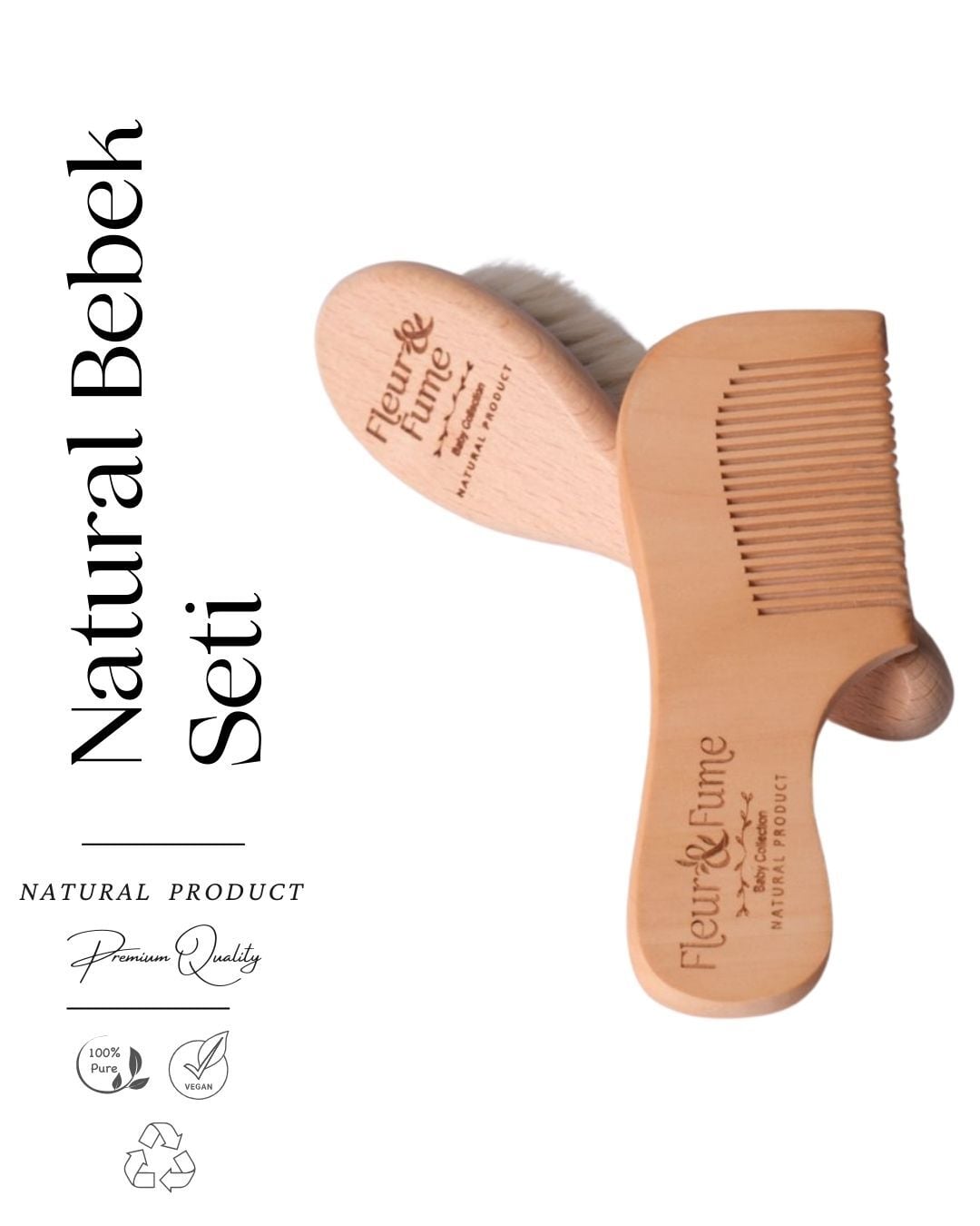 Bebek Saç Bakım Seti( Keçi Kılı Bebek Saç Fırçası + Doğal Kiraz Ağacı Bebek Tarak + Saklama Kesesi )