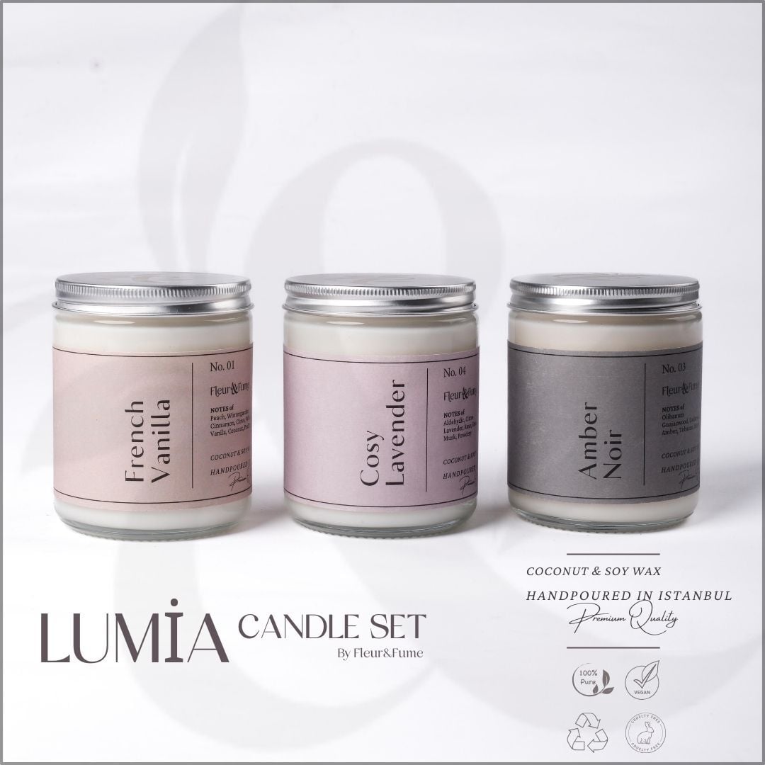 Lumia 3’lü Doğal Mum Seti–French Vanilya ,Cosy Lavender,Amber Noir (Soya & Coconut Wax)