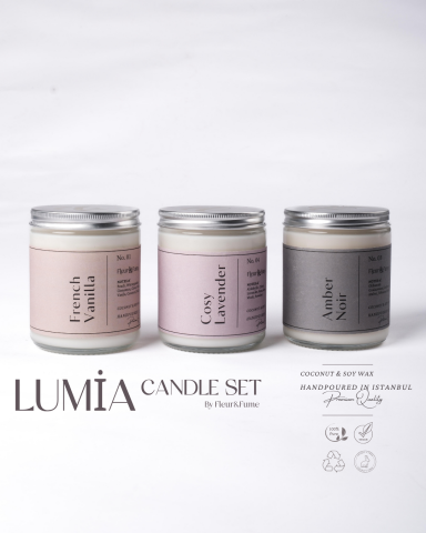 Lumia 3’lü Doğal Mum Seti–French Vanilya ,Cosy Lavender,Amber Noir (Soya & Coconut Wax)