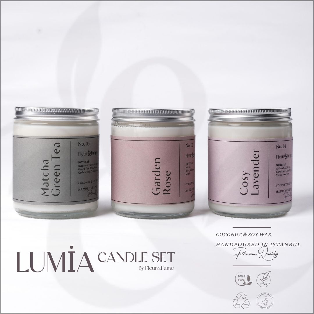 Lumia 3’lü Doğal Mum Seti–Matcha Green Tea,Cosy Lavender,Garden Rose (Soya & Coconut Wax)