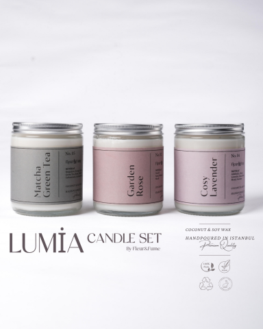 Lumia 3’lü Doğal Mum Seti–Matcha Green Tea,Cosy Lavender,Garden Rose (Soya & Coconut Wax)