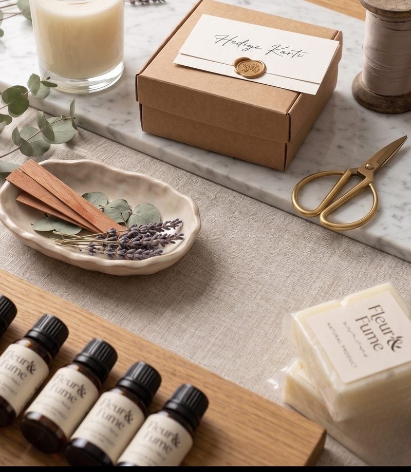 Hediye kartı, hediye kutusu, lavanta ve uçucu yağ şişeleri — Fleur&Fume atölyesinden